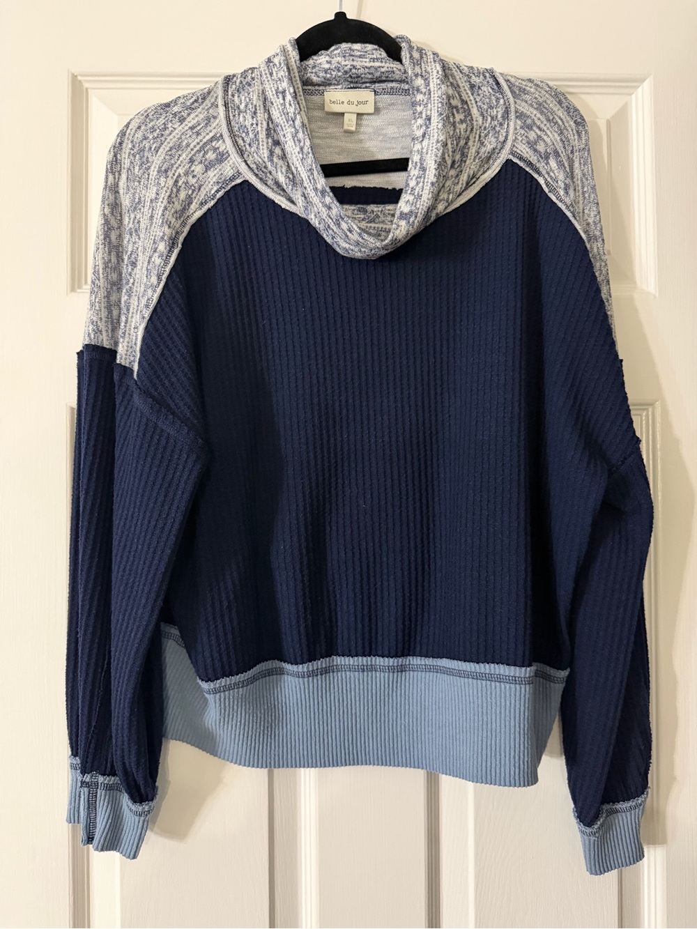 Belle Du Jour Navy and Light Blue Two-Tone Cowl Neck Sweater